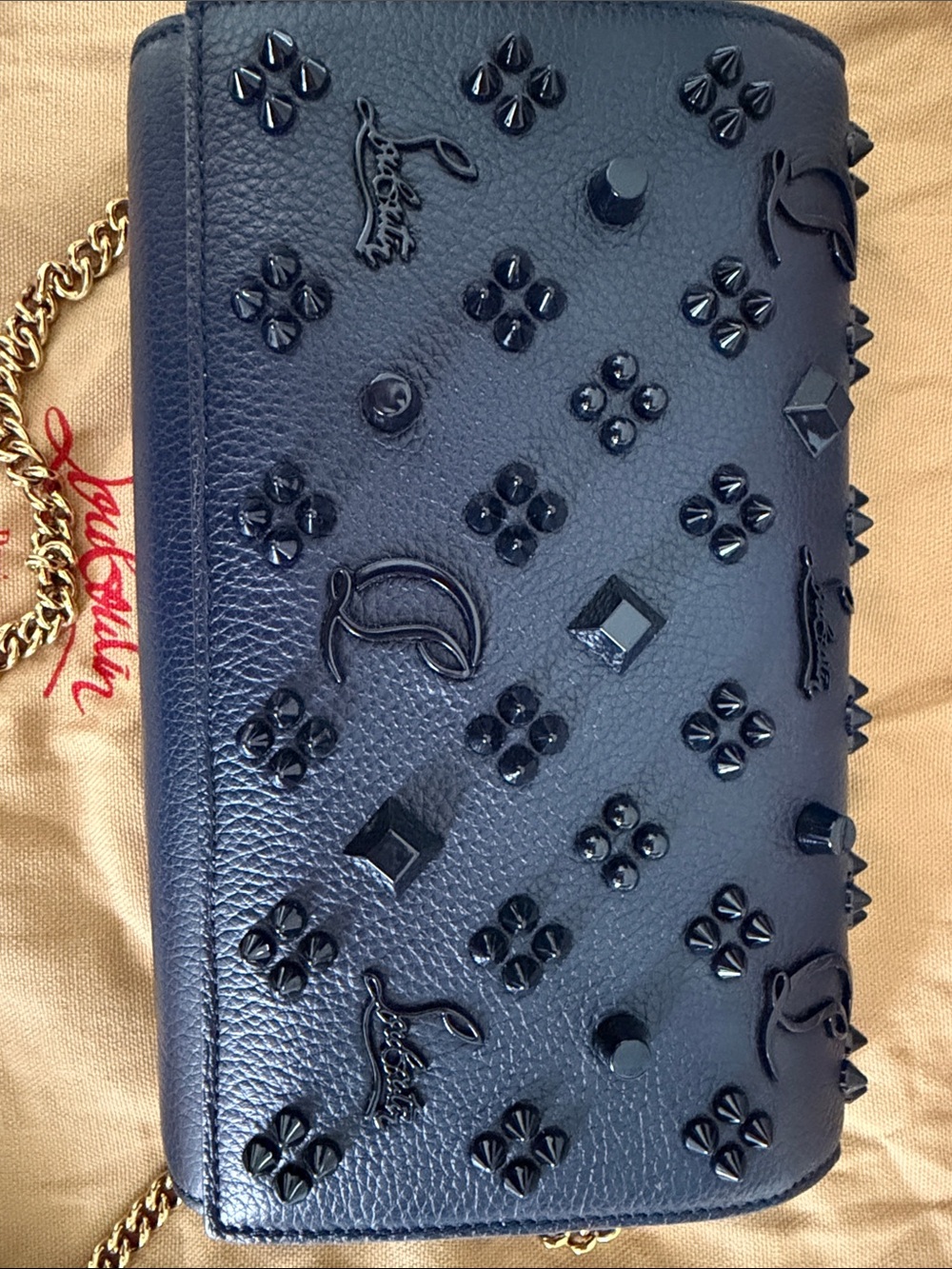 Christian Louboutin Navy Embossed Studded Leather Chain Crossbody Bag - Picture 6 of 7